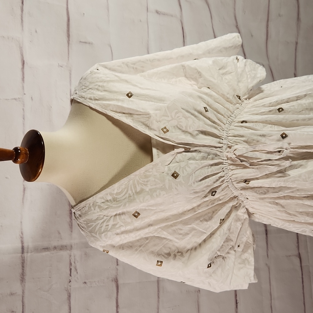 White Embroidered V-Neck Drawstring Women’s Dress - Picture 2 of 8